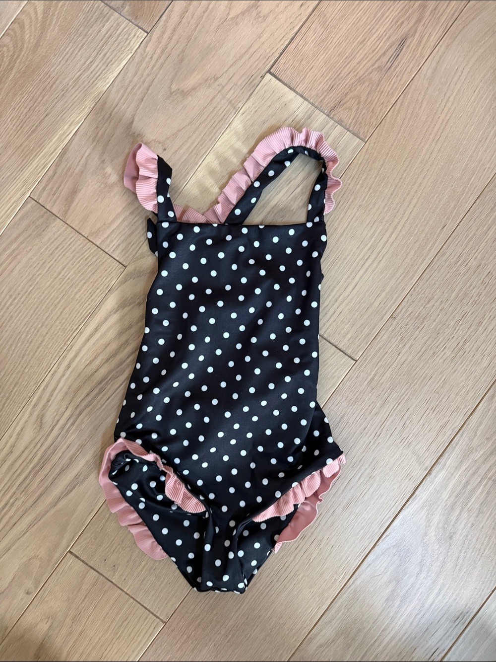 Samesies Kids Black Polka Dot Ruffle Swimsuit with Pink Trim